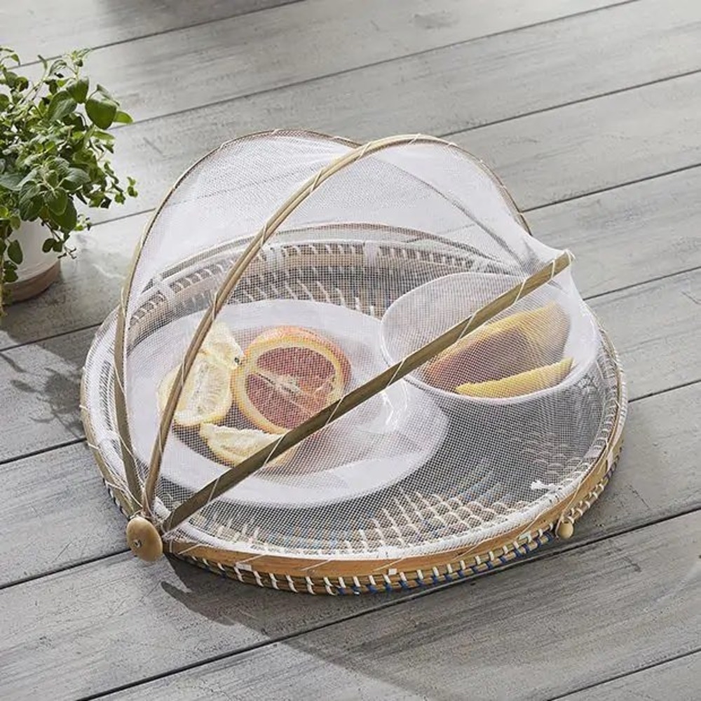 Wicker Bamboo‎ Food Tent Basket set 2 OS Turquoise Mesh Collapsible Cover